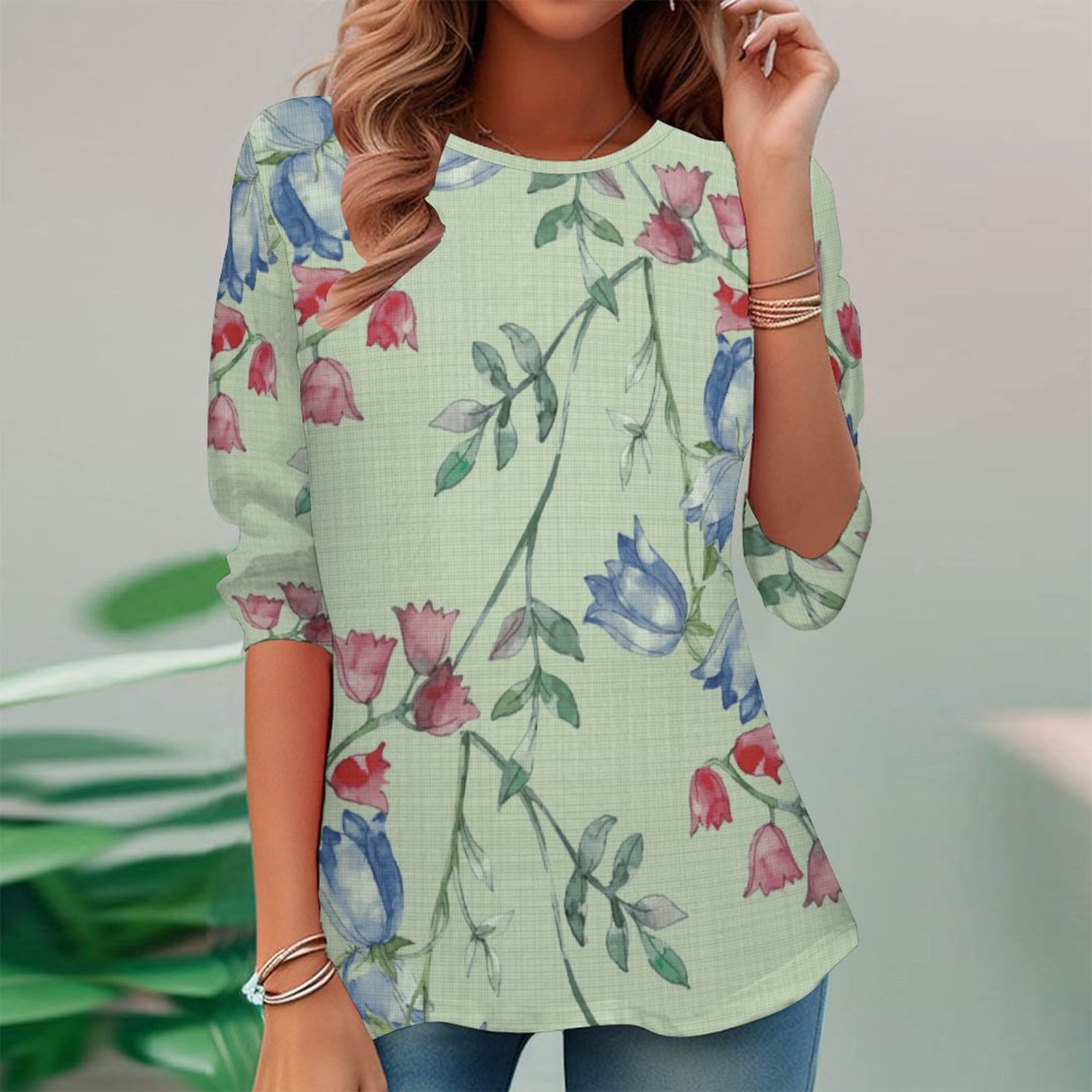 Women Long Sleeve V-neck Graphic Floral Printed Top