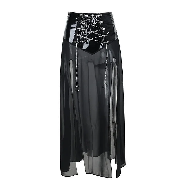 Gothic Leather Chain See Through Mesh High Split Skirt - Modakawa modakawa