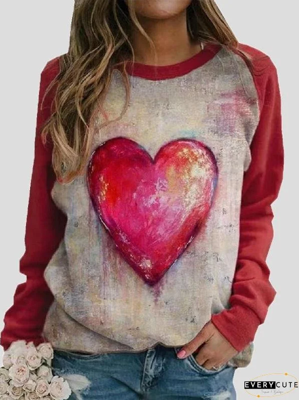 Round Neck Heart-Shaped Print Long Sleeve T-Shirt