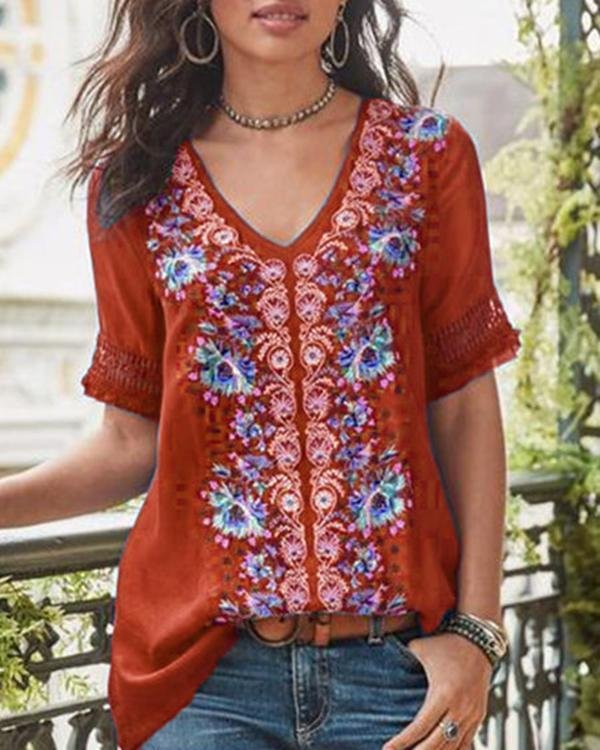 Plus Size Short Sleeve Casual Cotton-Blend V Neck Floral Printed Shirts Tops