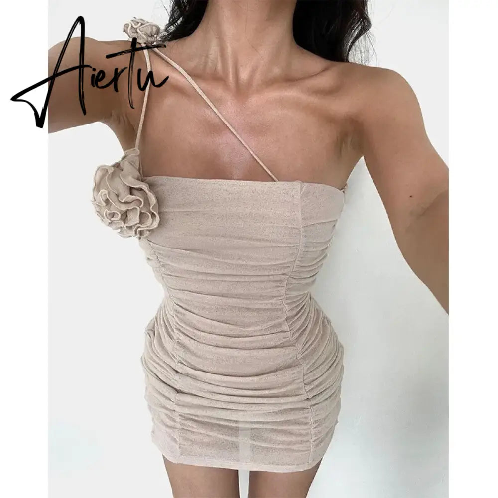 Floral Applique Ruched Slip Mini Dresses Fashion Summer Outfits for Women Club Party Sexy Bodycon Dresses Vestido Aiertu
