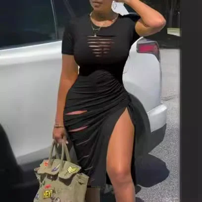 Wongn Wongn Sexy Round Collar Short Sleeve Slit Pleated Dress