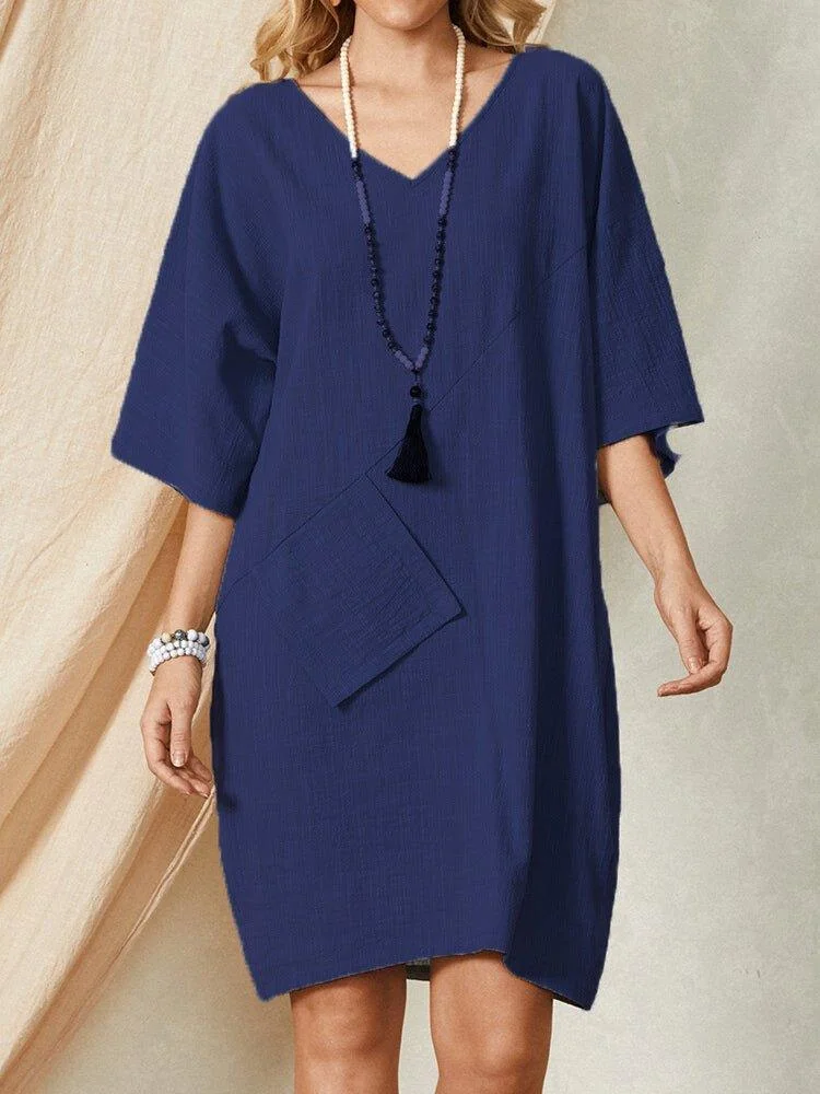 Casual V Neck Textured Cotton And Linen Dress