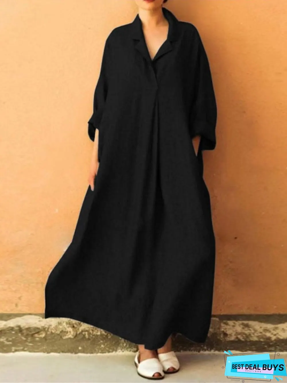 Long Sleeve Paneled Basic Casual Dress Black Dresses Linen