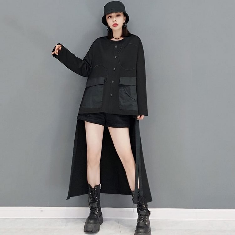 Casual All-match Asymmetry Short Front and Long Back Single-breasted Decorate T-Shirts