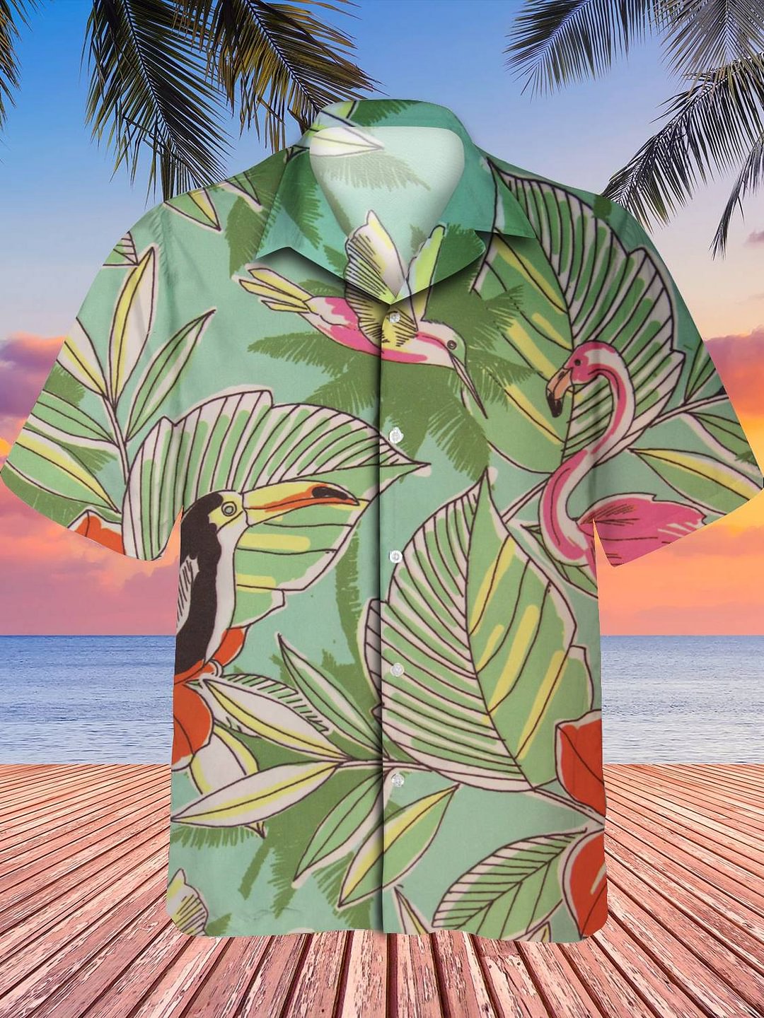 Men's Parrot And Flamingo Print Hawaii Shirt