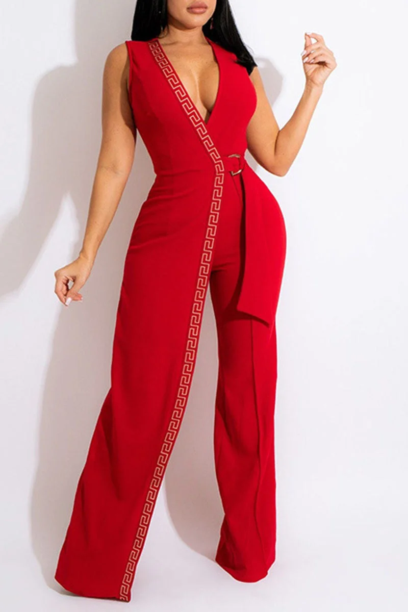 Sexy Elegant Print Split Joint With Belt V Neck Straight Jumpsuits