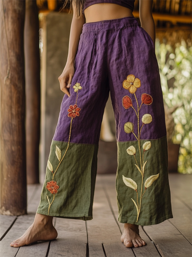 Utbros Vintage Bohe Resort Forest Floral Art Printed Cotton Linen Wide Leg Pants