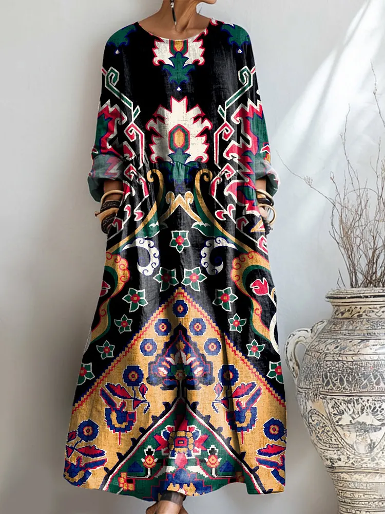 Women's Vintage Ethnic Geometric Totem Art Print Pocket Cotton Dress