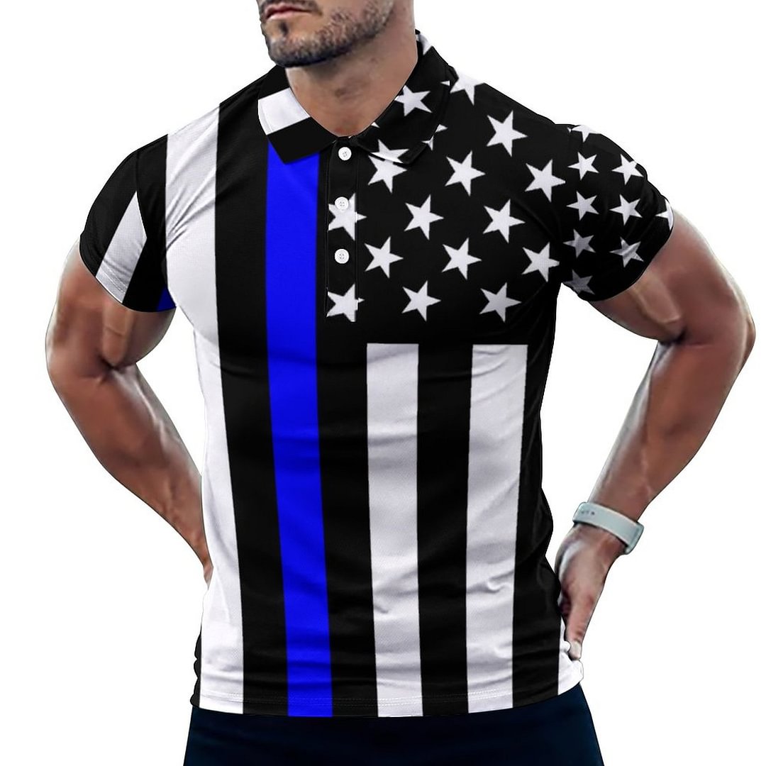Thin Blue Line American Flag Graphic On Mens Short Sleeve Casual Golf Polo Shirts Classic Cut Print Retro Large Size Polo T Shirt - Neewho