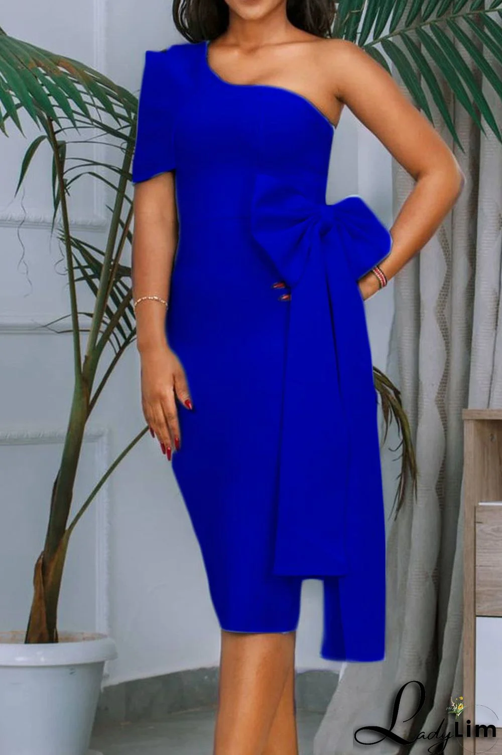 Light Blue Casual Elegant Solid Split Joint With Bow Oblique Collar Dresses