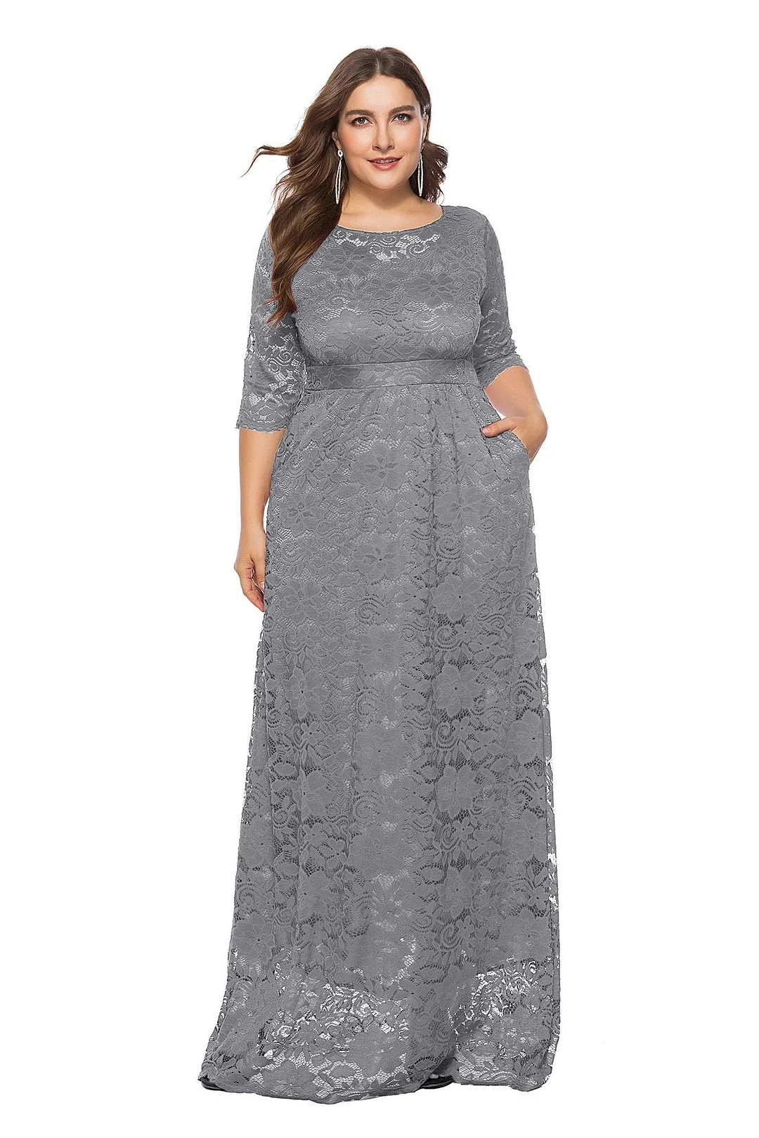 Plus Size Dresses Hollow Lace Half Sleeve Pocket Maxi Prom Dresses