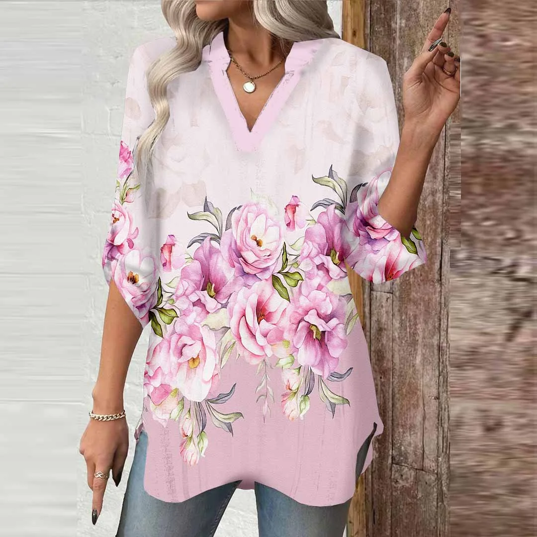 Women Floral,Pink DZGA0664 3/4 Sleeve V-neck Printed Graphic Button Tops