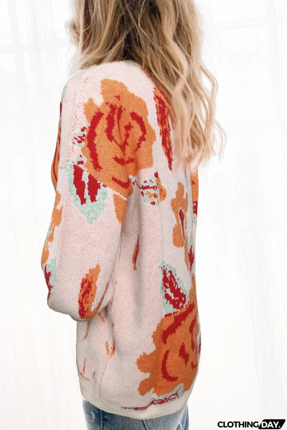 Floral Pattern Drop Shoulder Crew Neck Sweater