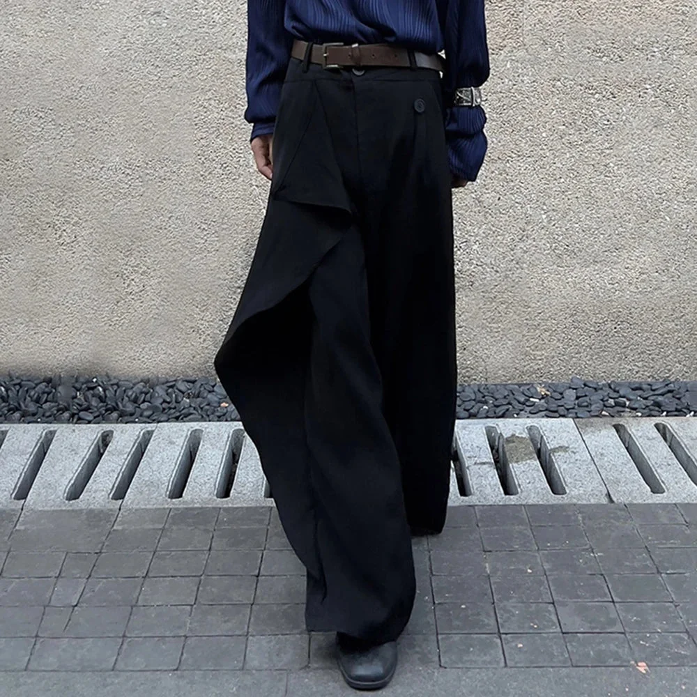 Aonga Mens Chinese Style Pleated Splicing Double Layer Irregular Solid Color Culottes Genderless Fashion Trend Casual Wide Leg Pants 0710 aonga