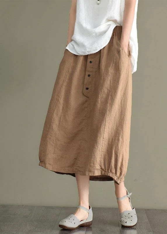 Women Khaki Linen Elastic Waist Button Skirt
