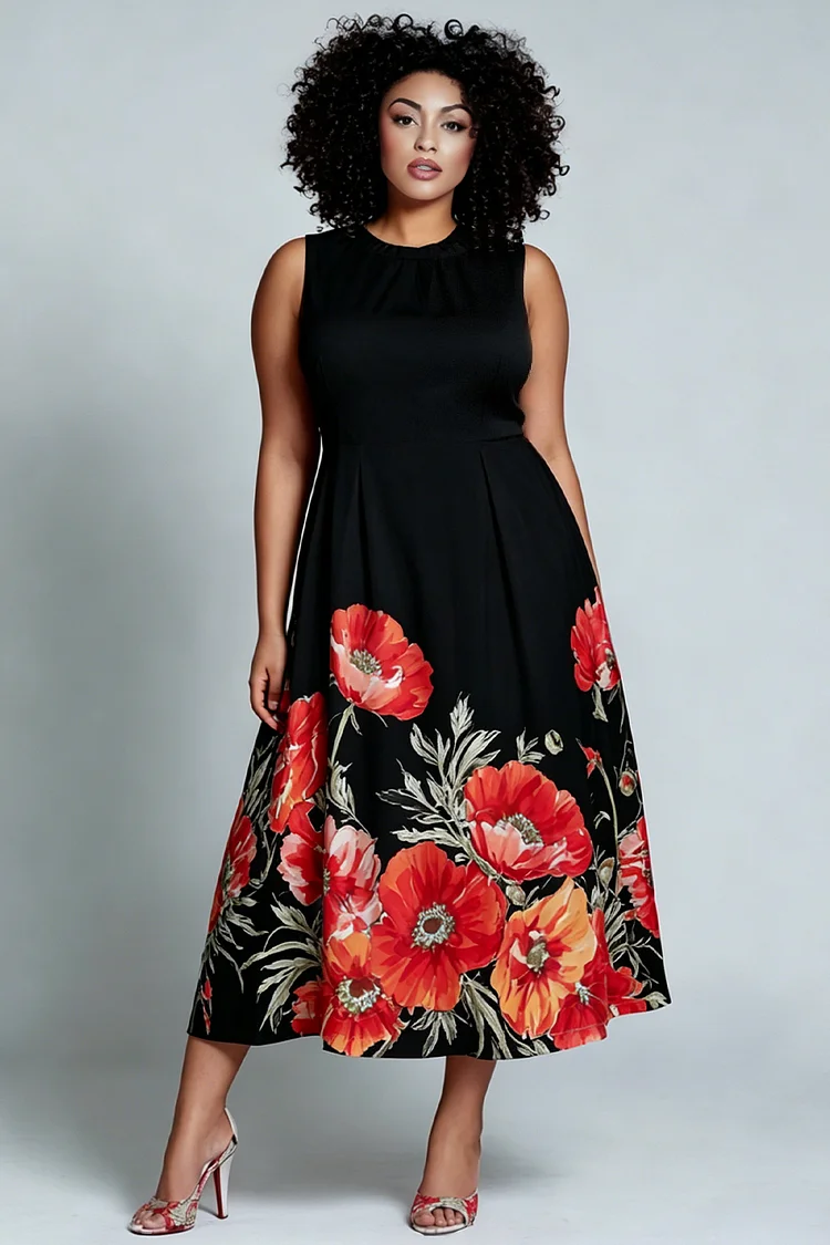 Xpluswear Design Plus Size Vacation Sundress White Floral Round Neck Pocket Midi Dresses [Pre-Order] 2024 - Xpluswear