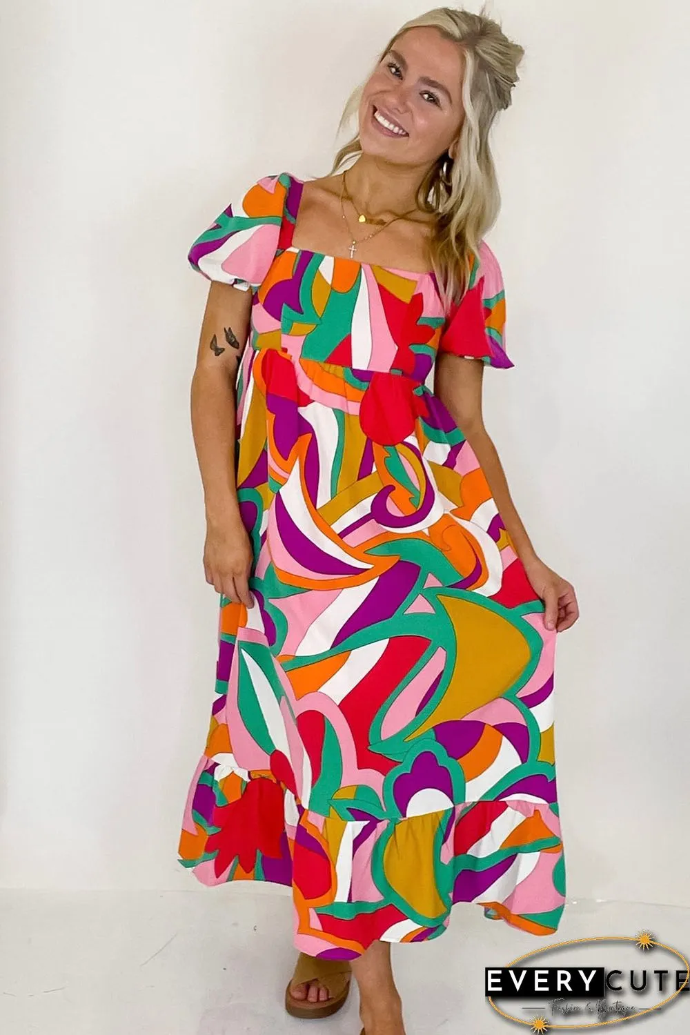 Red Abstract Print Square Neck Flowy Midi Dress