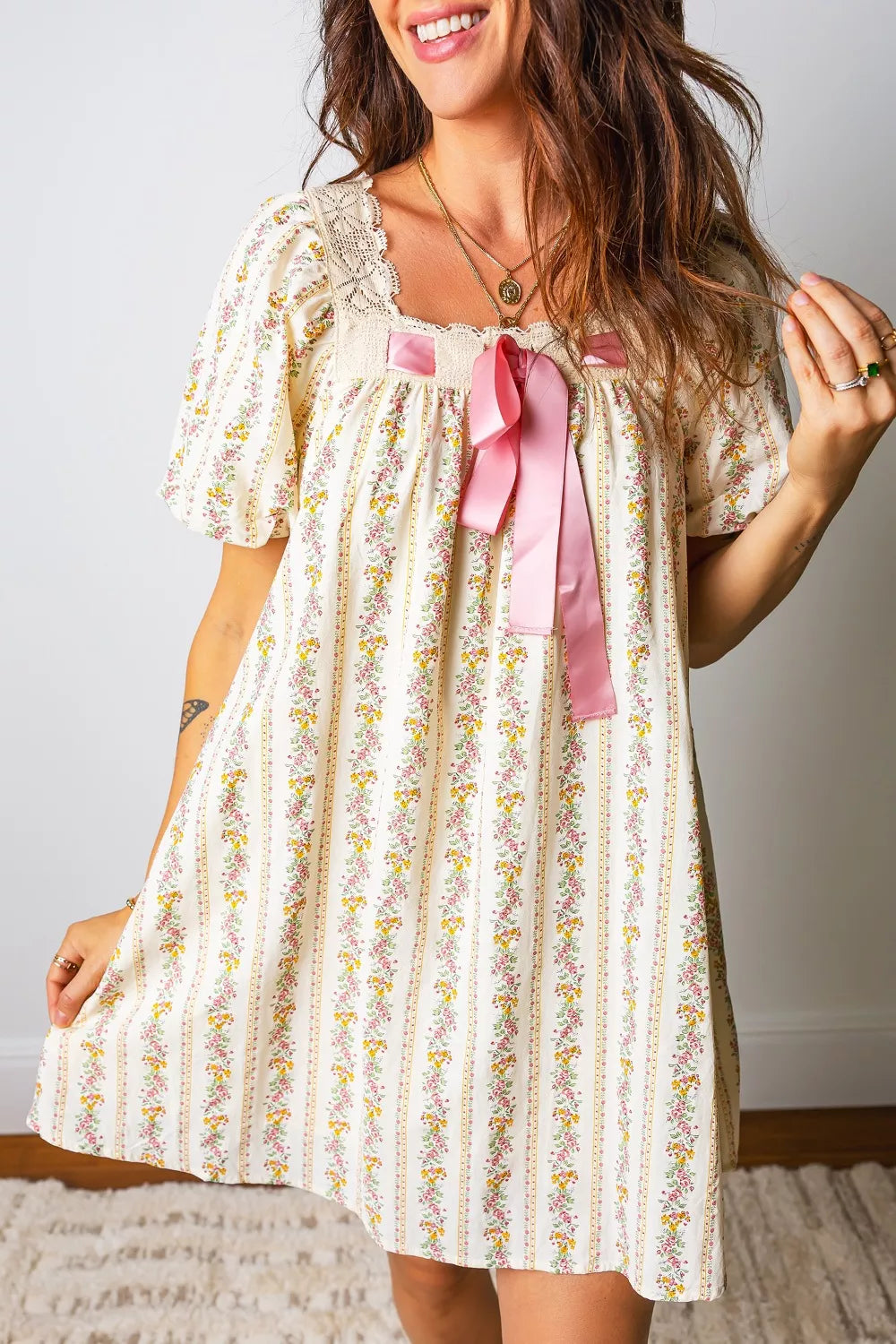 Multicolour Floral Print Contrast Ribbon Bow Lace Trim Square Neck Mini Dress mysite idetrend