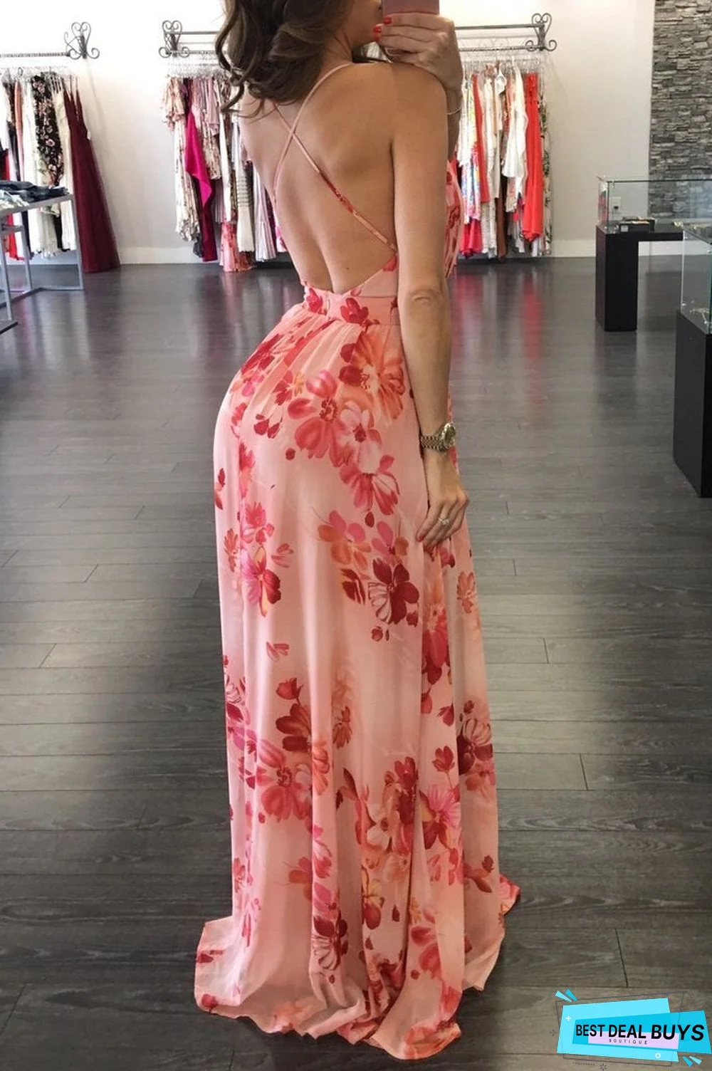 Popular European and American Deep V-Neck Open Back Chiffon Dress