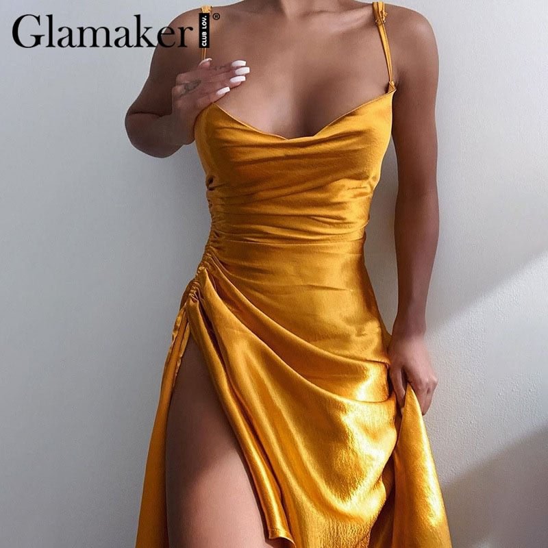 Glamaker Spaghetti high split sexy satin party dress Sleeveless elegant fashion club women dress 2021 new backless vestidos