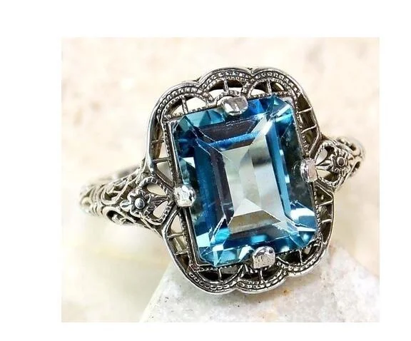 2CT Blue Sapphire 925 Solid Genuine Sterling Silver Art Deco Filigree Ring Sz 6-10