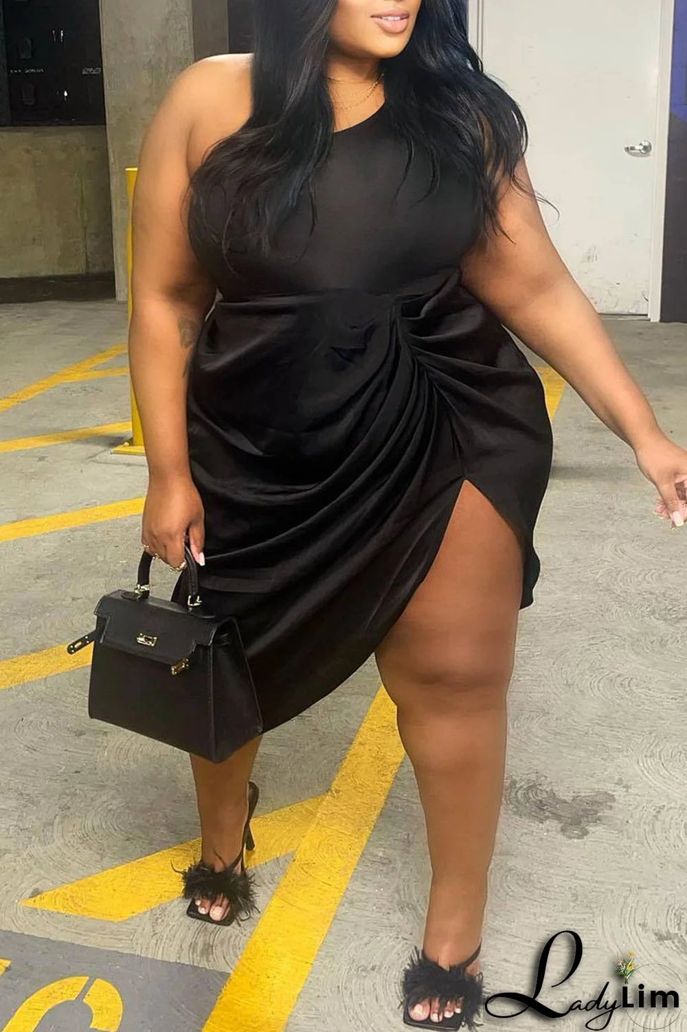 Blue Sexy Solid Patchwork Fold Asymmetrical Oblique Collar Irregular Dress Plus Size Dresses