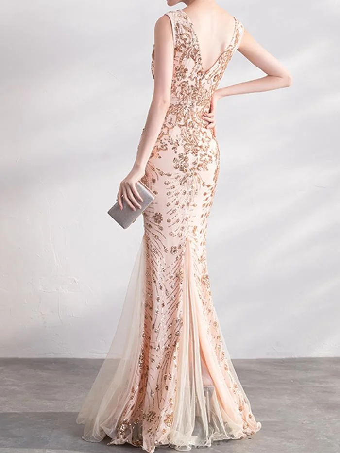 Deep V-neck Halter Embroidered Dress