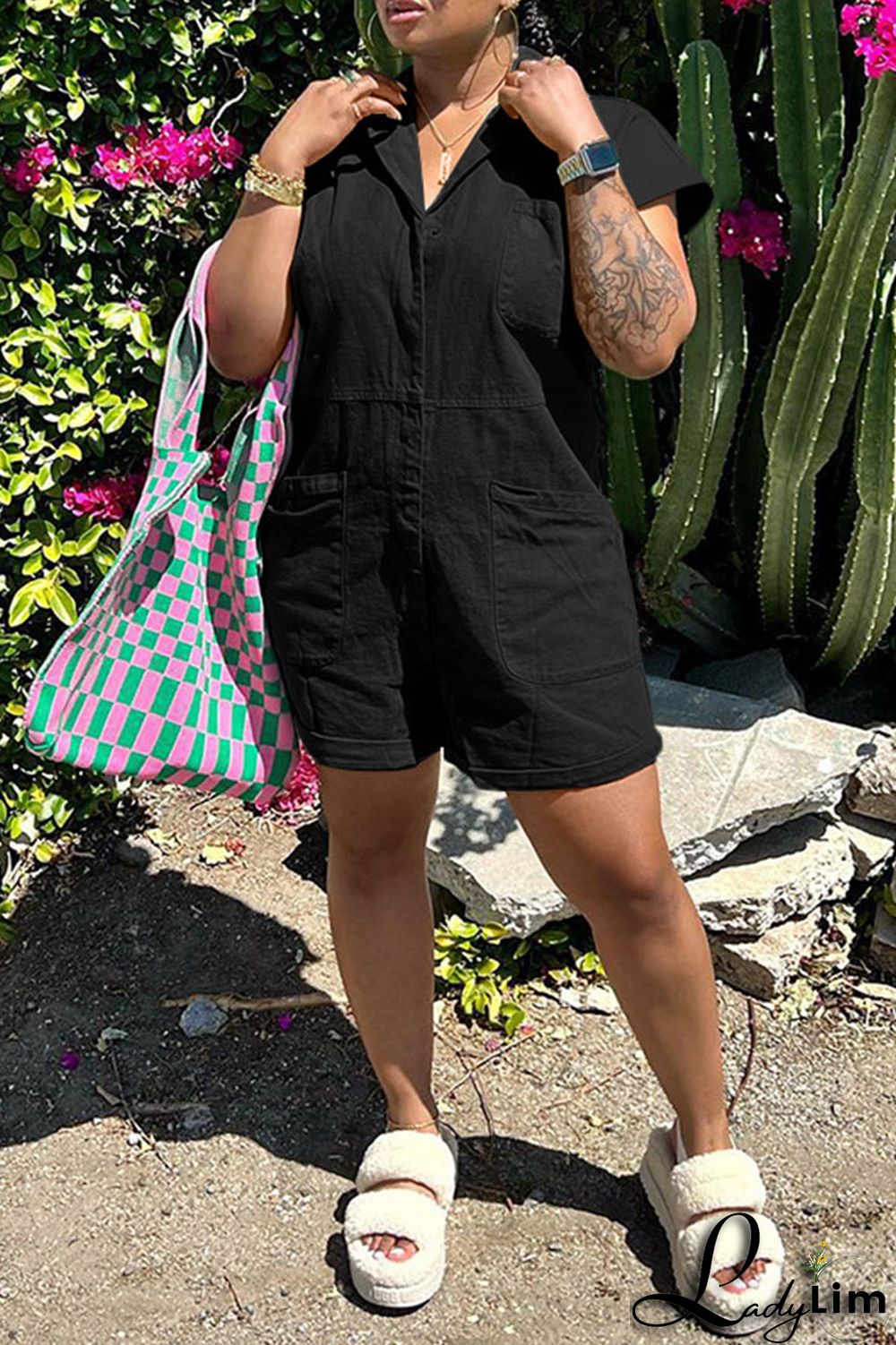 Pink Fashion Casual Solid Patchwork Turndown Collar Regular Romper