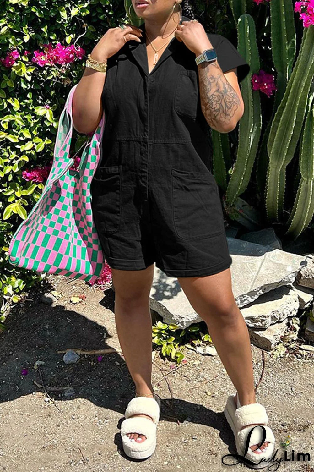 Pink Fashion Casual Solid Patchwork Turndown Collar Regular Romper