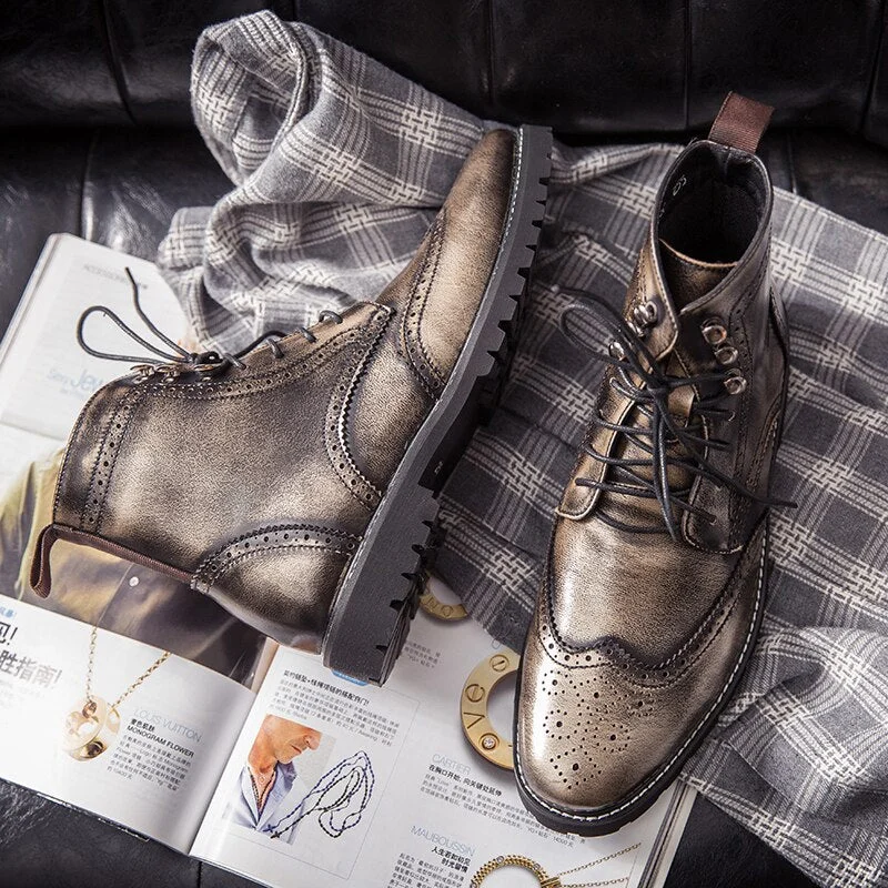 YRZL Men Boots Lace Up Versatile Non-slip Waterpoor Men Leather Shoes Round Toe Short Plush Business Boot for Men 38-48