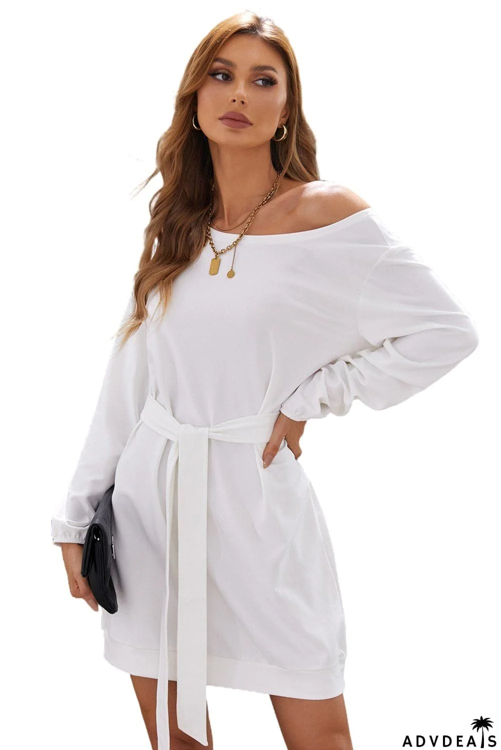 White Crewneck Long Sleeve Belted Casual Mini Dress