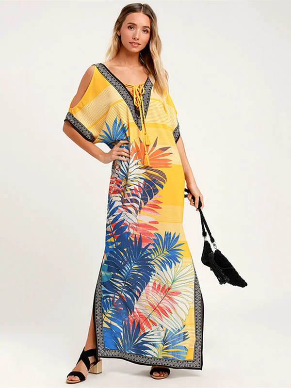 Off-The-Shoulder Floral Bandage V-Back Split-Side Cover-Up Swimwear