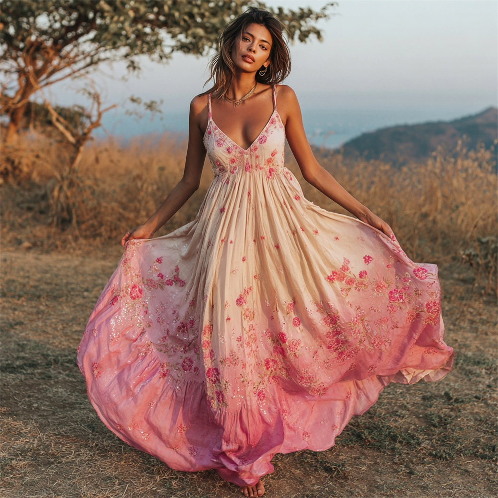 Comstylish Boho Vintage Floral Embroidery Women's Spaghetti Strap Maxi Dress
