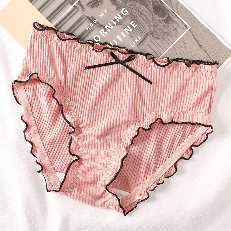 Billionm Japan Style Briefs Sexy Comfort Cotton Mid Waist Women Panties Lovely Bow Stripe Lingerie Solid Health Sleep Underwear