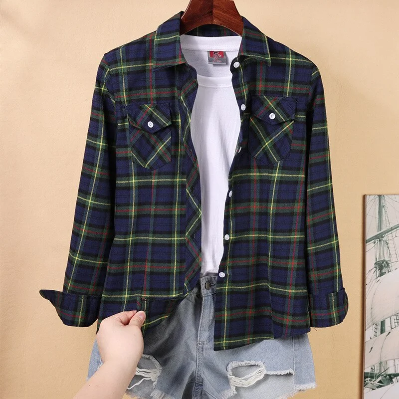 Cotton Plaid Shirts Women Tops And Blouses 2021 Brand Casual Long Sleeve Plus Size Blouse Ladies Preppy Style Shirt Blusas 5XL