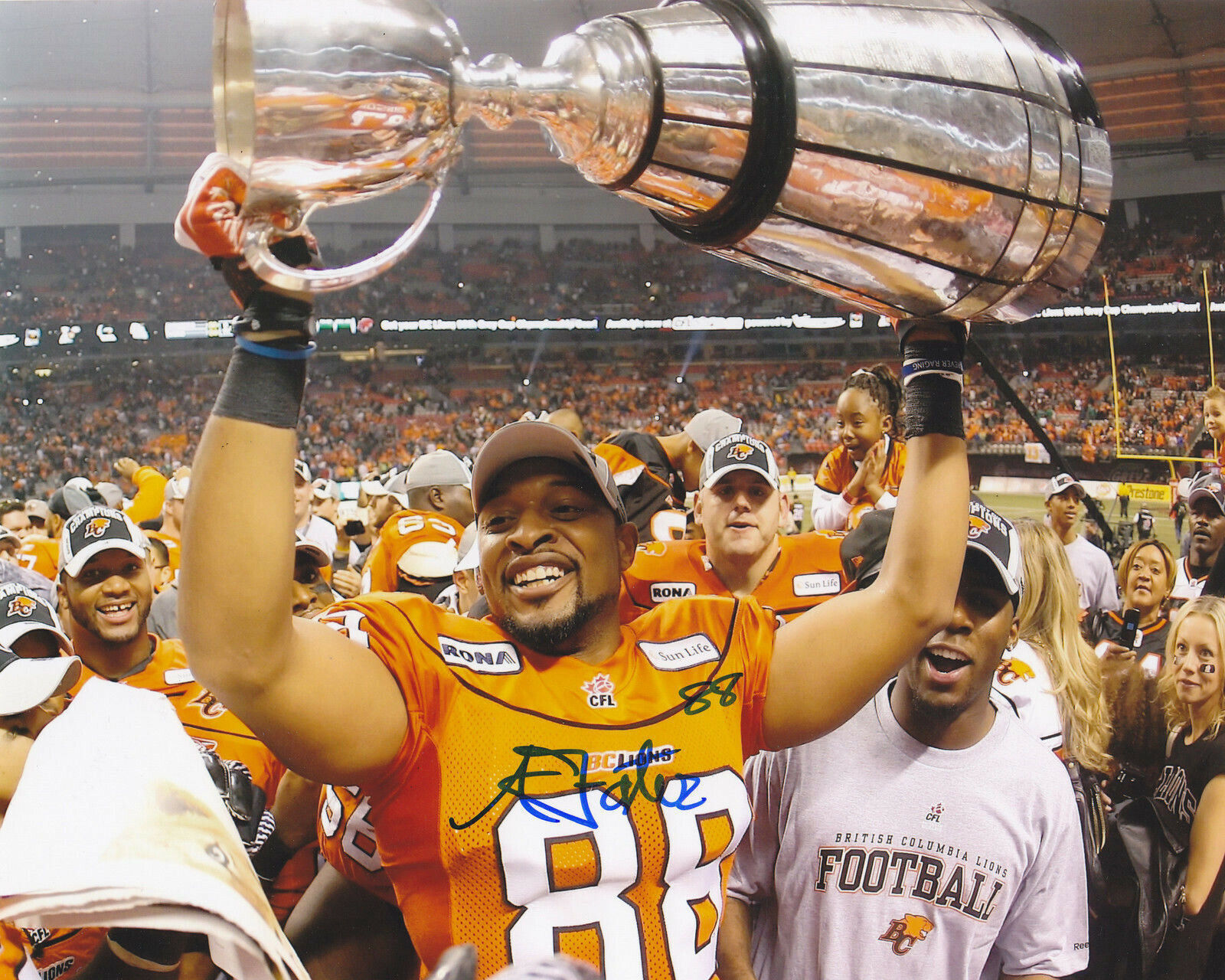 AKEEM FOSTER SIGNED AUTOGRAPHED 2011 BC LIONS GREY CUP 8X10 Photo Poster painting EXACT PROOF