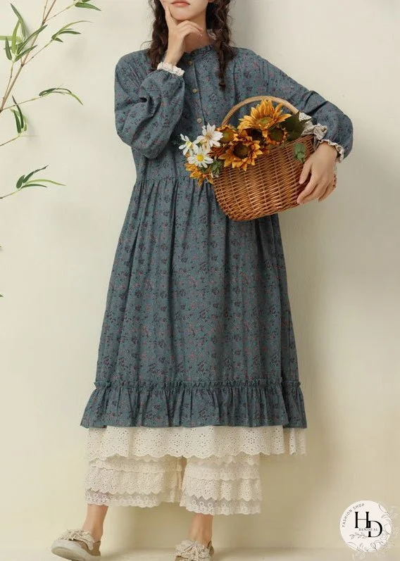 New Blue Print Lace Patchwork Cotton Long Dresses Spring
