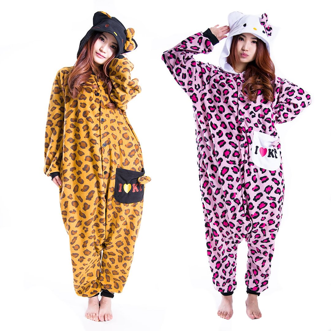 Hello Kitty Cat Leopard Costume Onesies Kigurumi Pajamas-Pajamasbuy