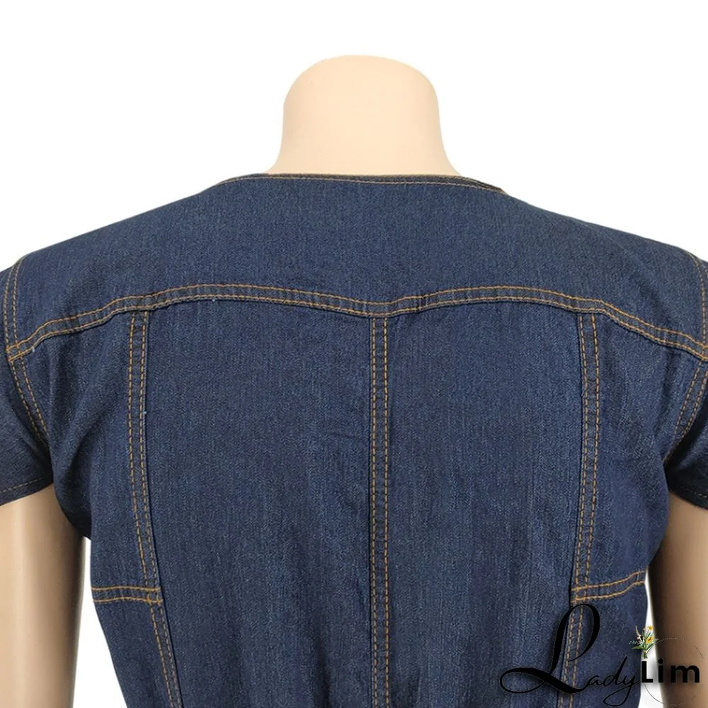 Summer Plus Size Sleeveless Denim Jumpsuit with Belt