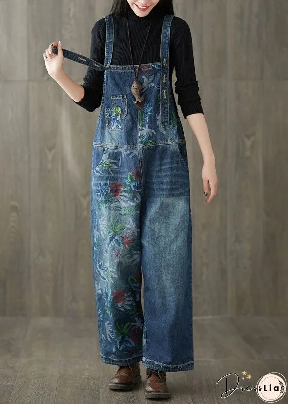 Style Navy Patchwork Print Denim Wide Leg Jumpsuit Spring