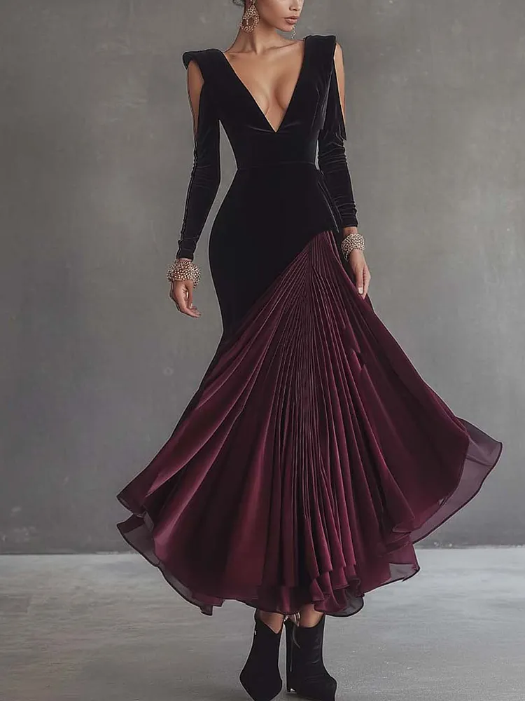 Cold Shoulder Stitching Burgundy Black Velvet Skater Dress