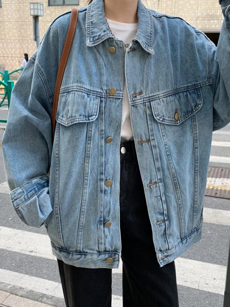 Woherb 2023 New Autumn Women's Plus Size Denim Jacket Casual Jean Jackets  Loose Long Vintage Streetwear Outerwear Female