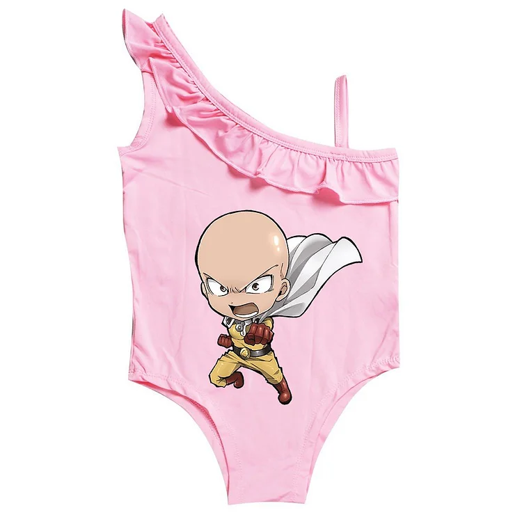 Mayoulove One Punch Man Print Little Girls Ruffle Shoulder One Piece Swimwear-Mayoulove