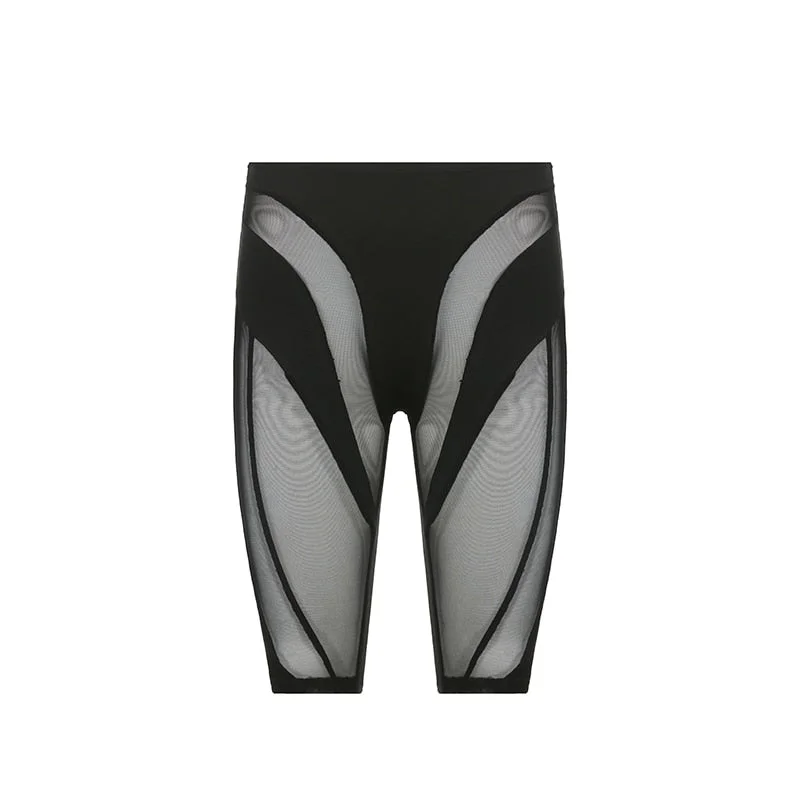 BIIKPIIK Basic Shorts Women Stretch Cycling Biker Sweatpant Mesh Patchwork See-through Elastic High Waist Shorts Female Clubwear