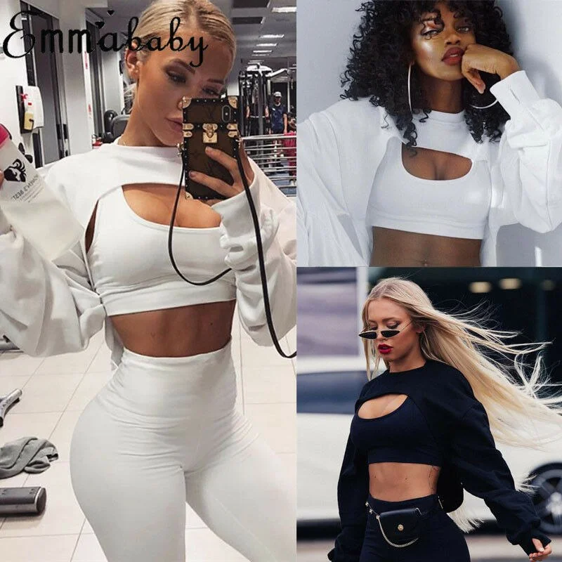 Short Sweatshirts Women Autumn Long Sleeve Black White Sweatshirt Fashion Crop Top Jacket Jumper Pullover Tops Clubwear Tank Top