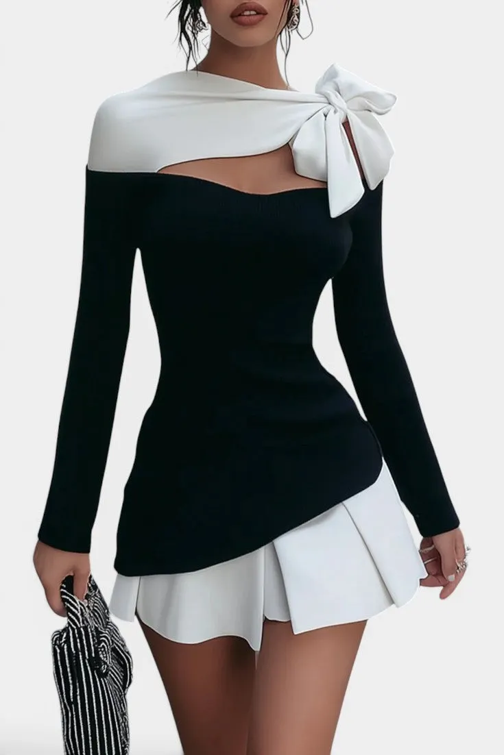 Asymmetrical Knit Top with Bow and Pleated Skirt Set