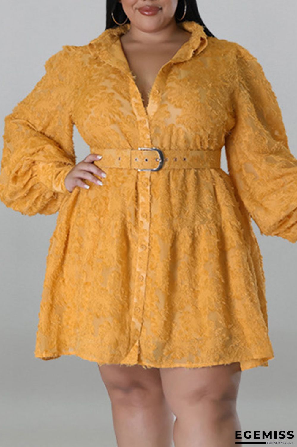 Yellow Casual Solid Patchwork Buckle With Belt Turndown Collar Shirt Dress Plus Size Dresses | EGEMISS