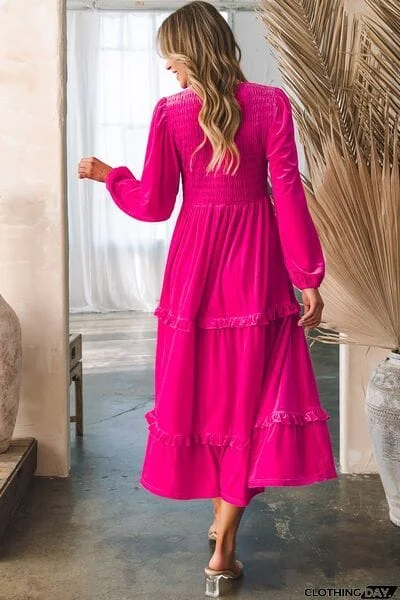 Frill V-Neck Balloon Sleeve Tiered Dress