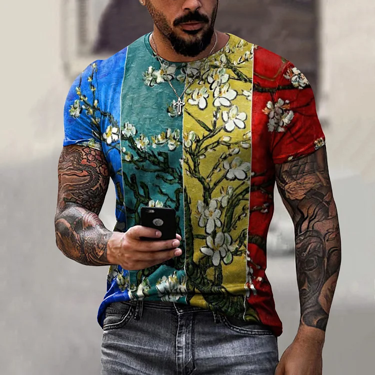 BrosWear Men'S Van Gogh Multicolored Plum Blossoms Short Sleeve T-Shirt